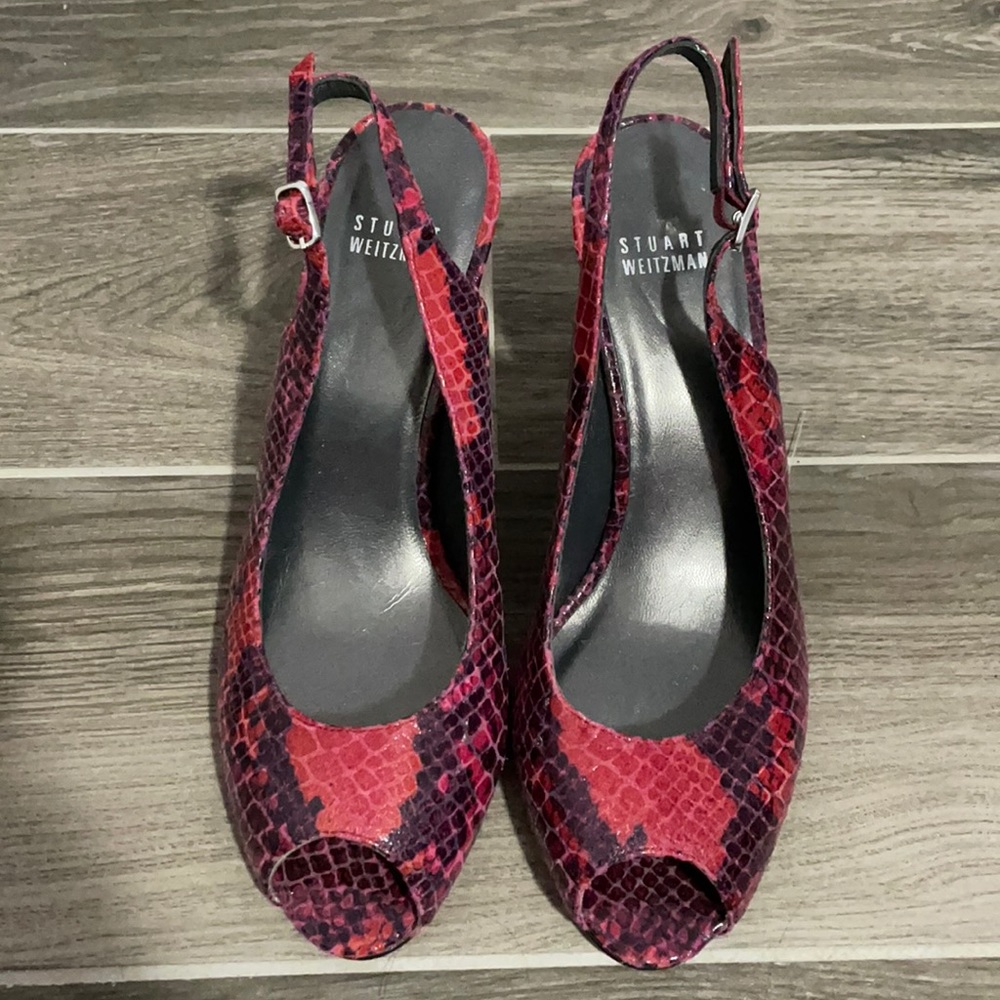 Stuart Weitzman snake skin peep toe pumps